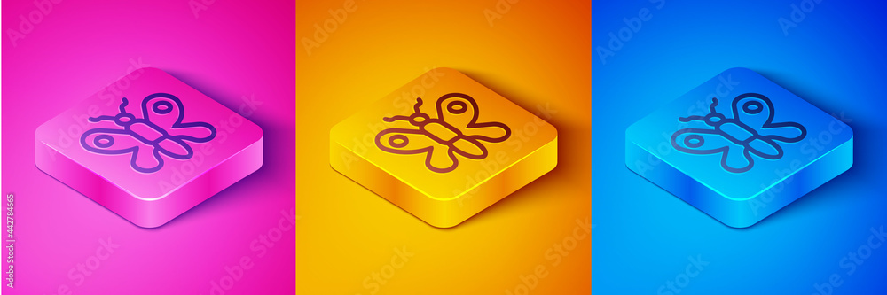 Isometric line Butterfly icon isolated on pink and orange, blue background. Square button. Vector