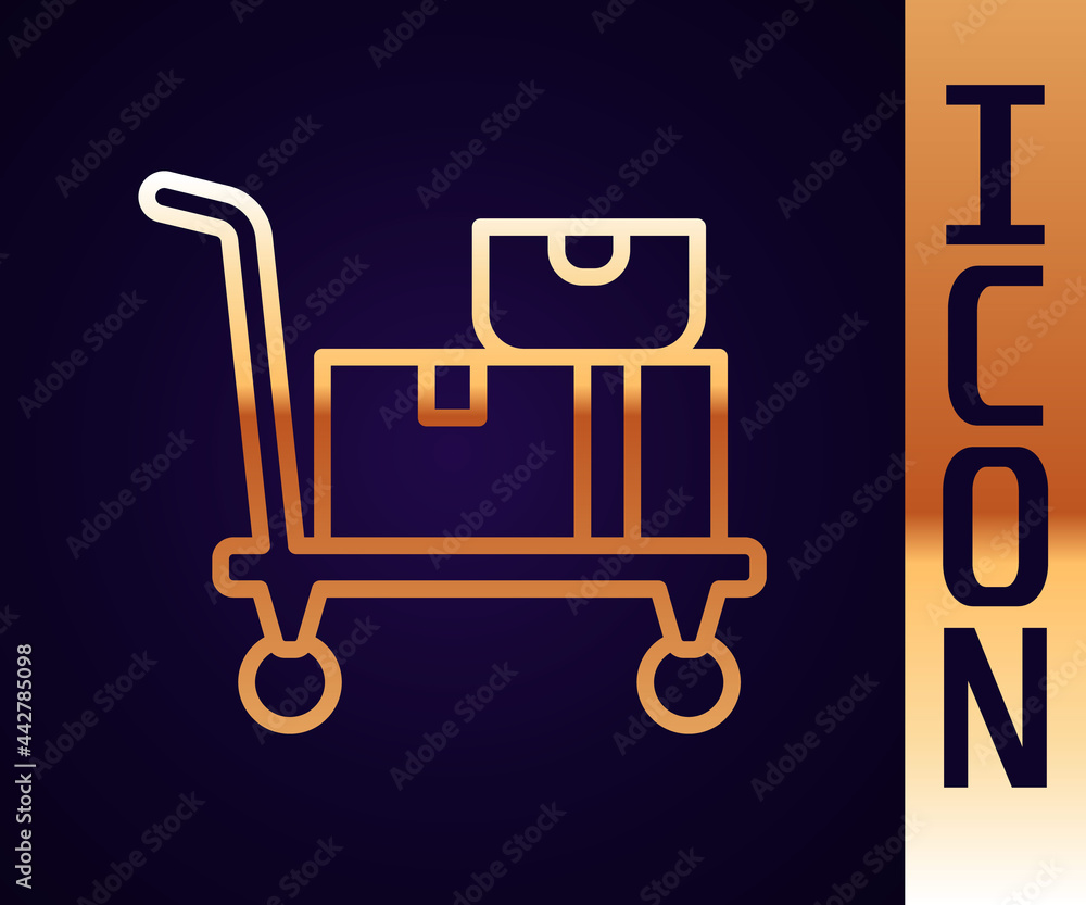 Gold line Hand truck and boxes icon isolated on black background. Dolly symbol. Vector