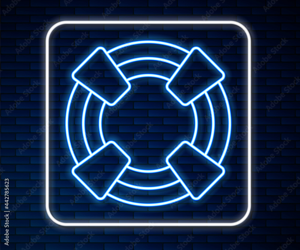 Glowing neon line Lifebuoy icon isolated on brick wall background. Lifebelt symbol. Vector