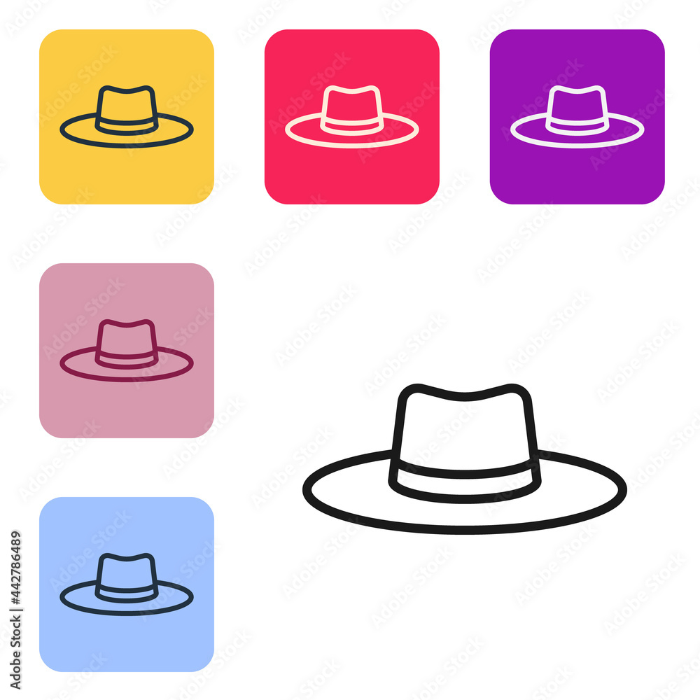 Black line Gardener, farmer or agricultural worker hat icon isolated on white background. Set icons 