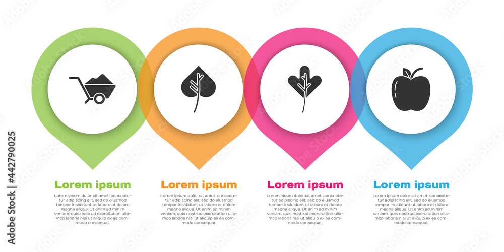 用泥土、树叶或树叶、树叶或叶子和苹果设置手推车。商业信息图模板。
