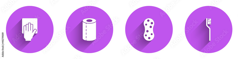 Set Cleaning service, Paper towel roll, Sponge and Toothbrush icon with long shadow. Vector