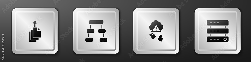 Set Data export, Hierarchy organogram chart, Cloud hacking and Server, Data, Web Hosting icon. Silve