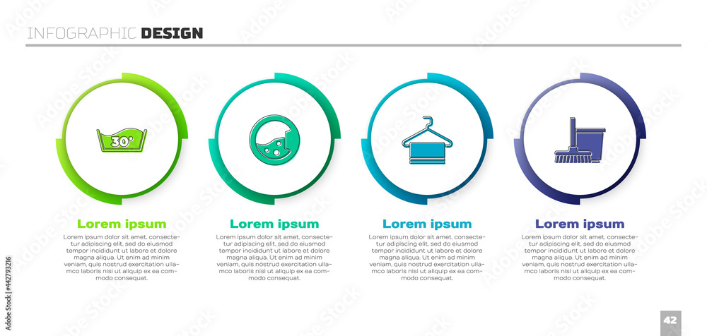 设置温度洗涤、洗涤、毛巾挂在衣架上、拖把和水桶上。商业信息图模板。Vec
