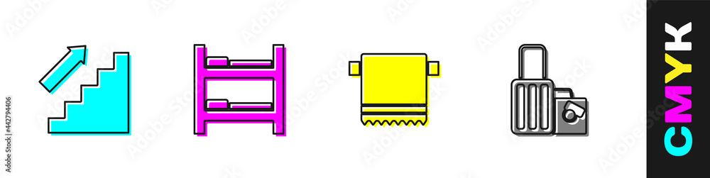 设置楼梯、酒店客房床、衣架上的毛巾和手提箱图标。矢量