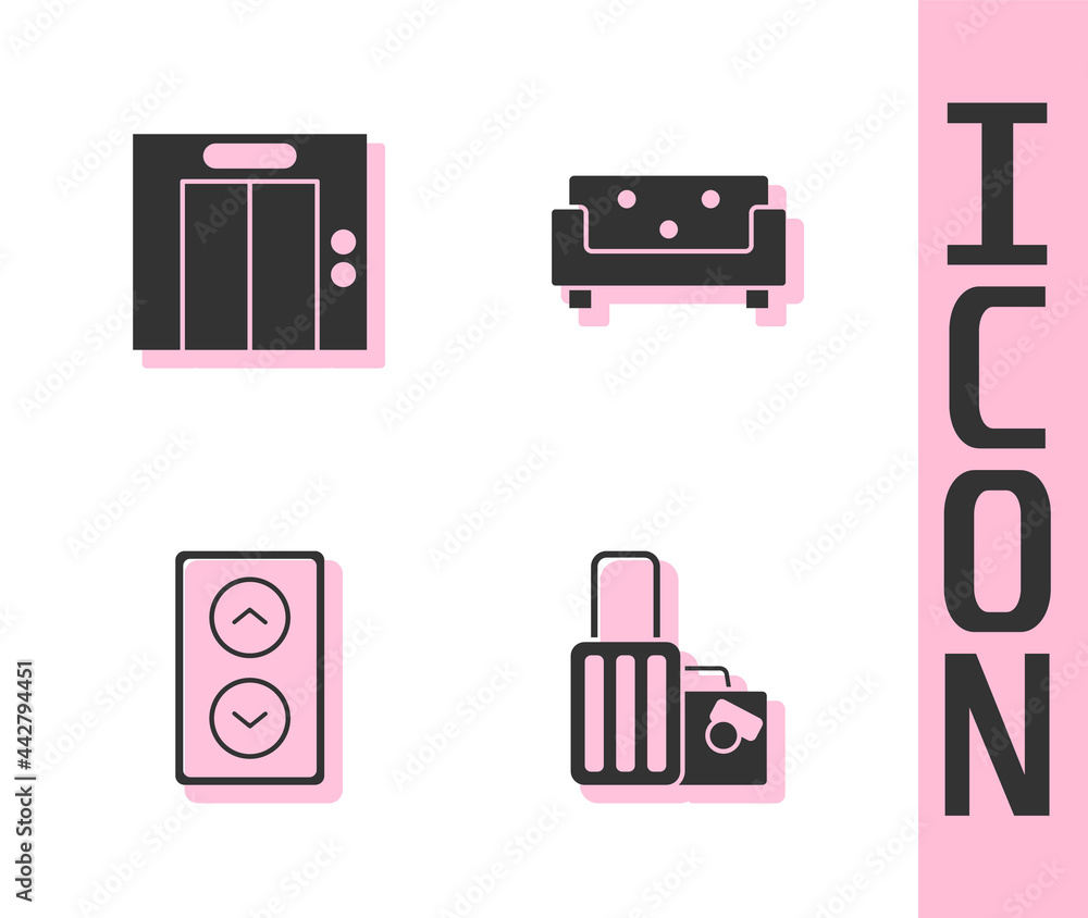 Set Suitcase, Lift, and Sofa icon. Vector