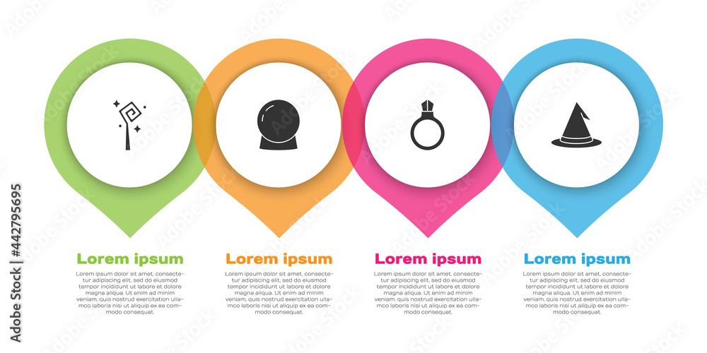 Set Magic staff, ball, stone ring with gem and Witch hat. Business infographic template. Vector