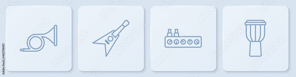 Set line Trumpet, Sound mixer controller, Electric bass guitar and Drum. White square button. Vector