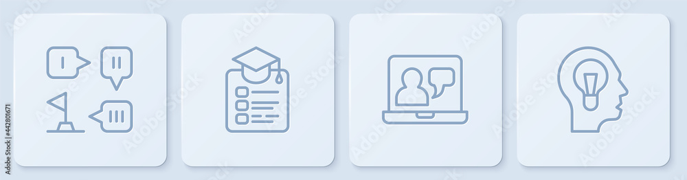 设置线路规划策略、在线教育和带灯泡的人。白色方形按钮。矢量