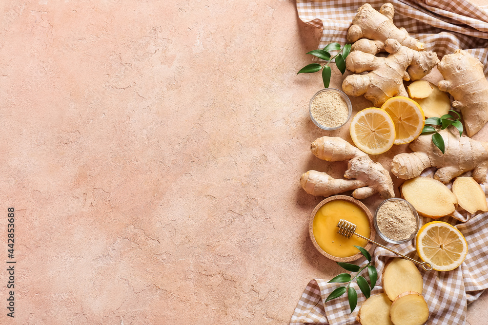 Composition with ginger, honey and lemon on color background