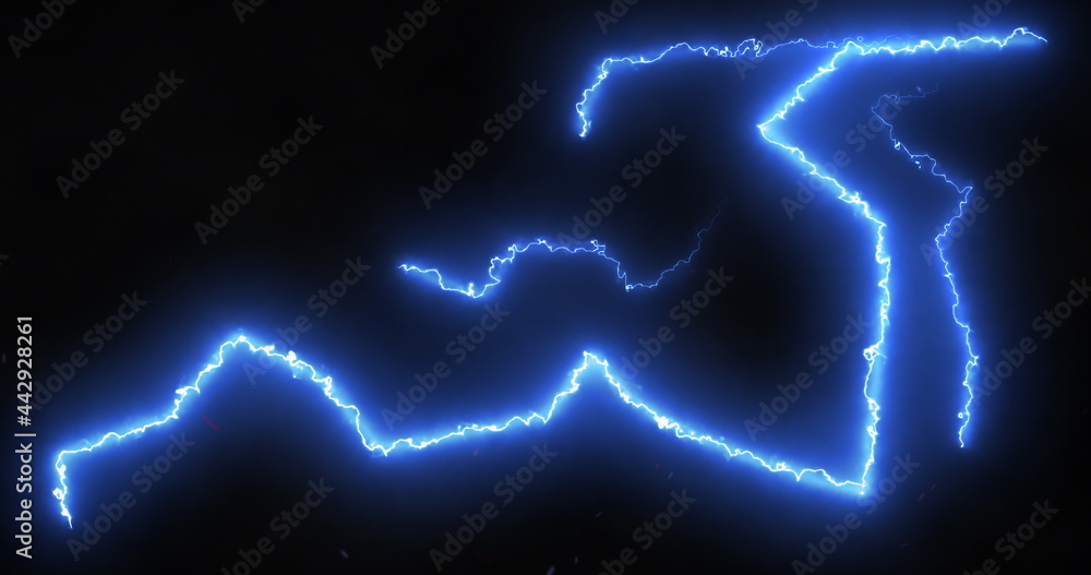 Blue lightning bolts of electrical current moving wildly across a black background