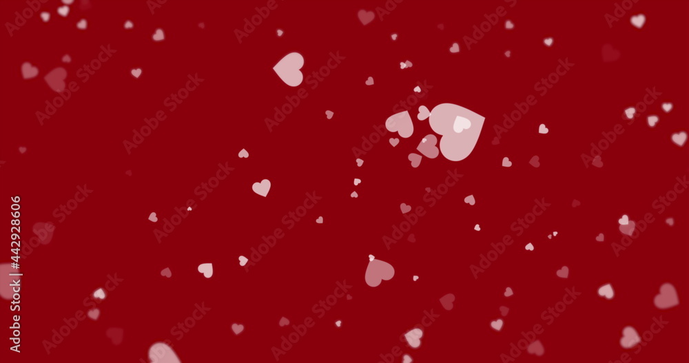 Pale pink hearts floating around on a dark red background