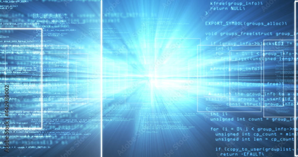 Image of data processing and network of screens on blue background