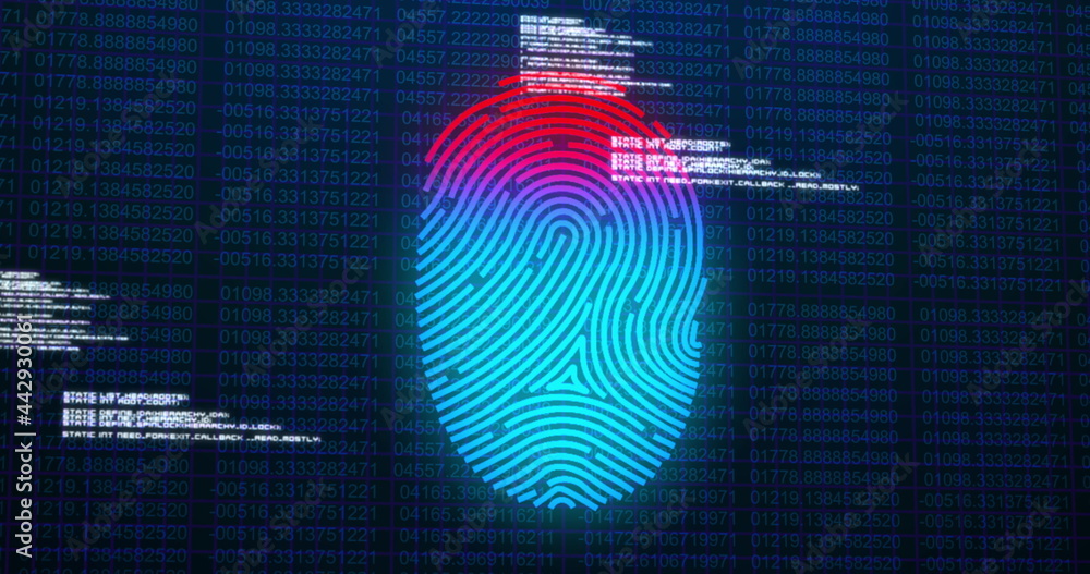 Image of digital biometric fingerprint computer interface icon on mesh black background