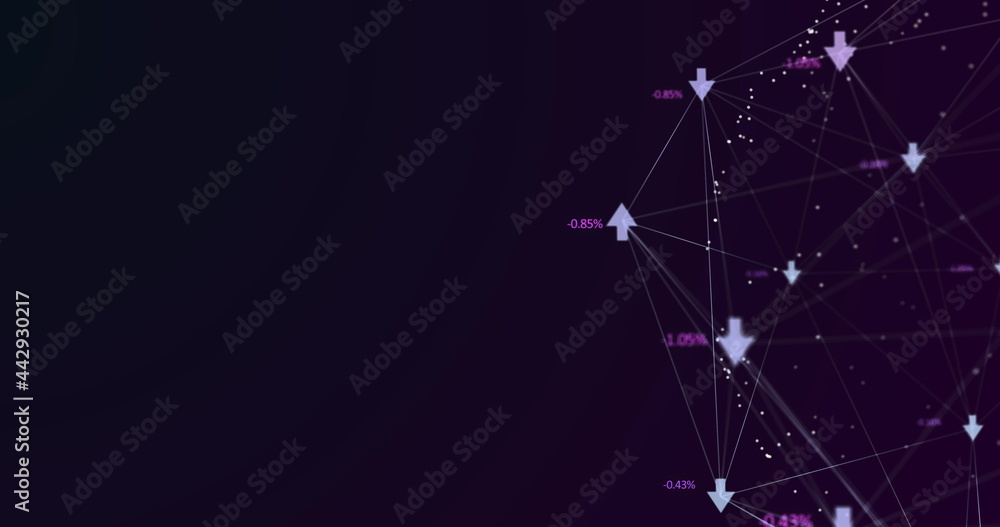 Image of digital interface and network connections with arrows and numbers growing on purple bac