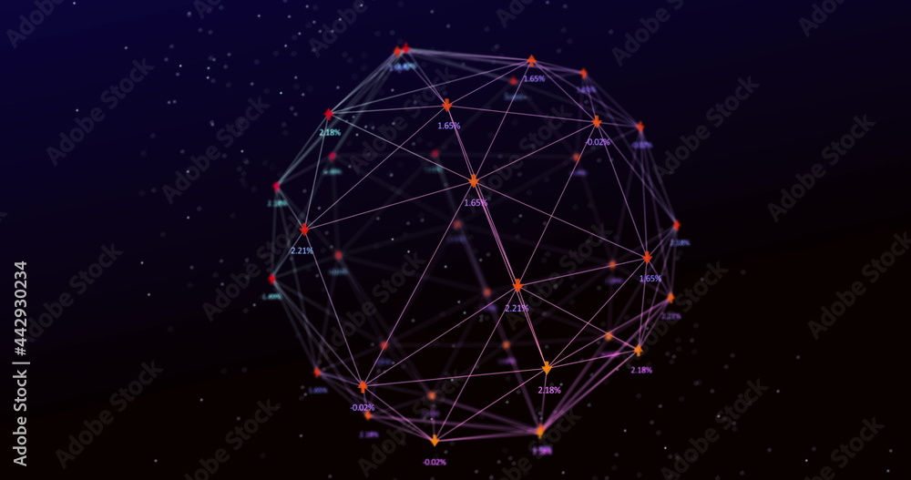 Image of digital interface and globe of network connections with arrows and numbers on dark back