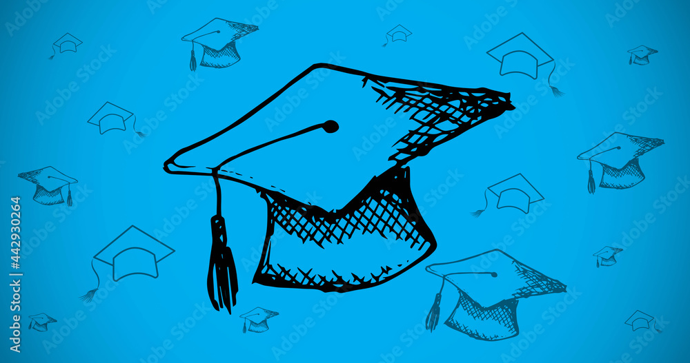 Image of black outlined hand drawn graduation college university hats moving on blue background