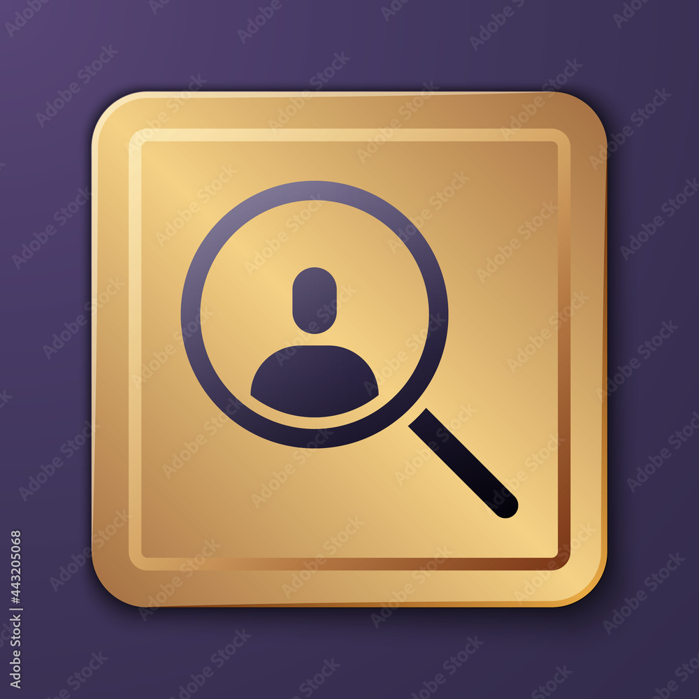 Purple Magnifying glass for search a people icon isolated on purple background. Recruitment or selec