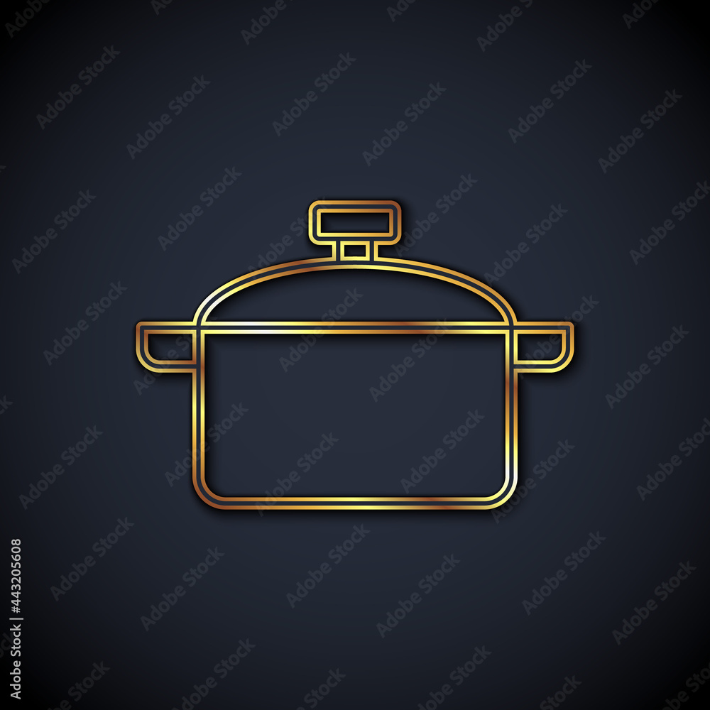 Gold line Cooking pot icon isolated on black background. Boil or stew food symbol. Vector