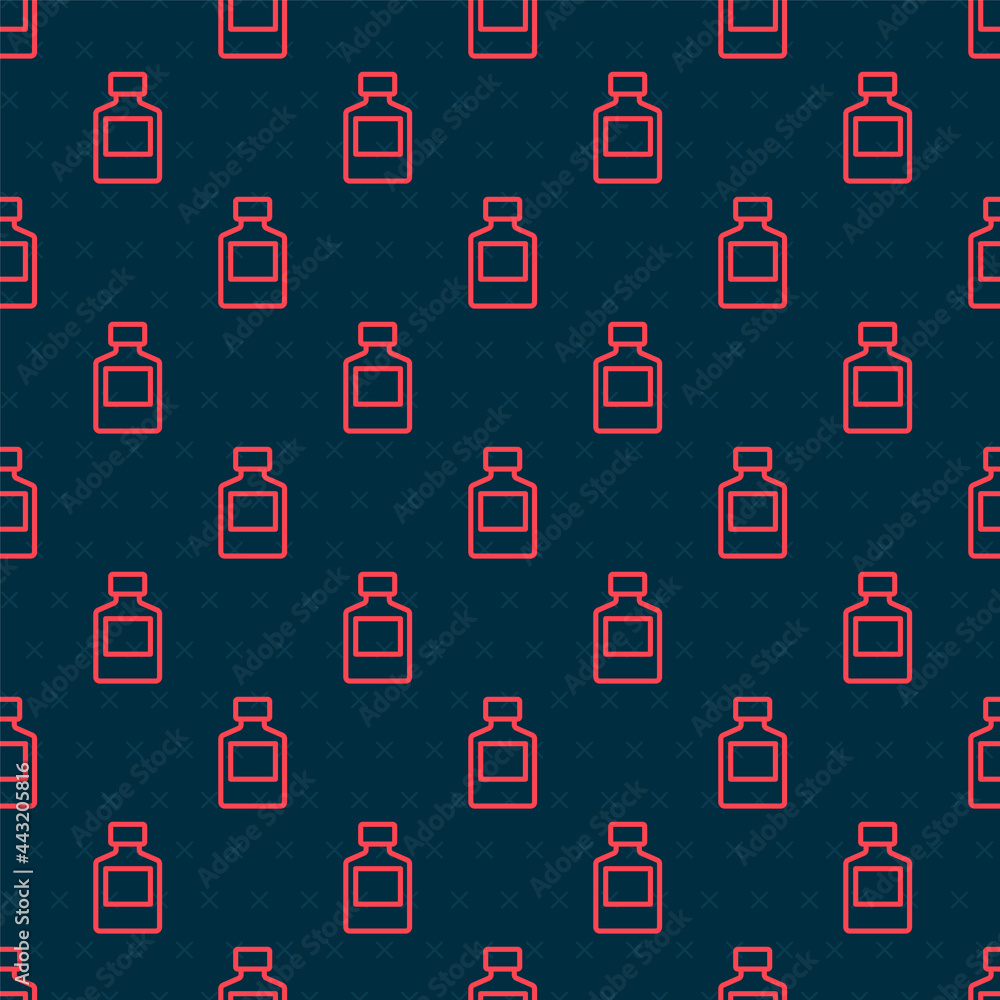 Red line Whiskey bottle icon isolated seamless pattern on black background. Vector