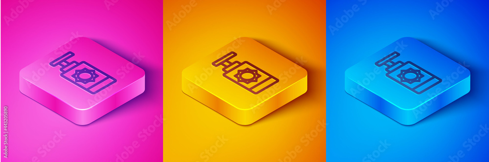 Isometric line Sunscreen spray bottle icon isolated on pink and orange, blue background. Protection 