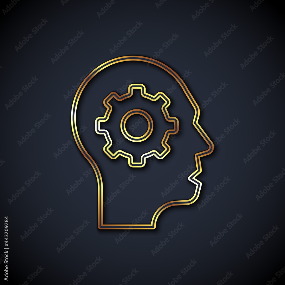 Gold line Human head with gear inside icon isolated on black background. Artificial intelligence. Th