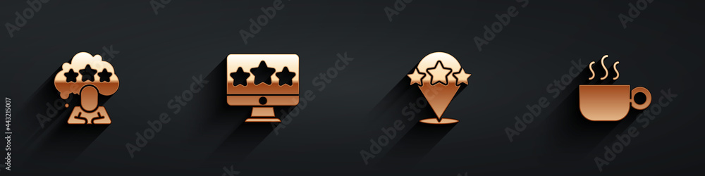 Set Five stars rating review, , and Coffee cup icon with long shadow. Vector