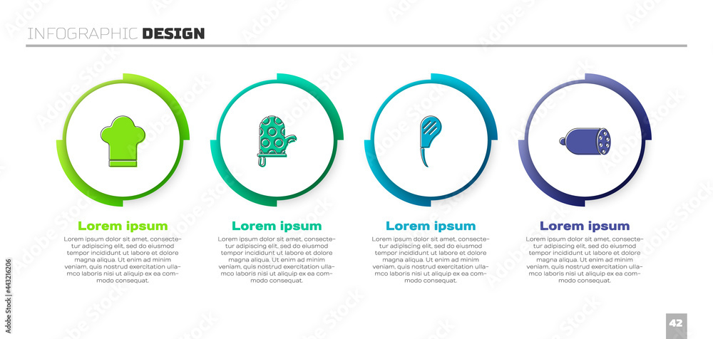 设置厨师帽、烤箱手套、肋眼牛排和萨拉米香肠。商业信息图模板。矢量