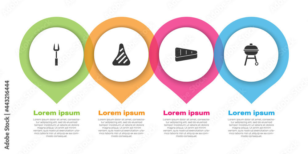 Set Barbecue fork, Steak meat, and grill. Business infographic template. Vector