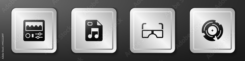 Set Drum machine, MP3 file document, Glasses and Vinyl disk icon. Silver square button. Vector