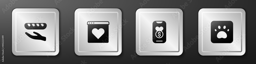 Set Donation food, Dating app online, and charity and Paw print icon. Silver square button. Vector