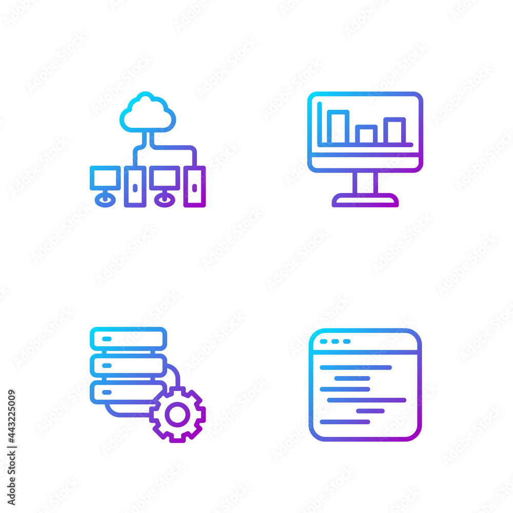 设置线路软件、服务器和设备、计算机网络和监视器，带图表。渐变色ic