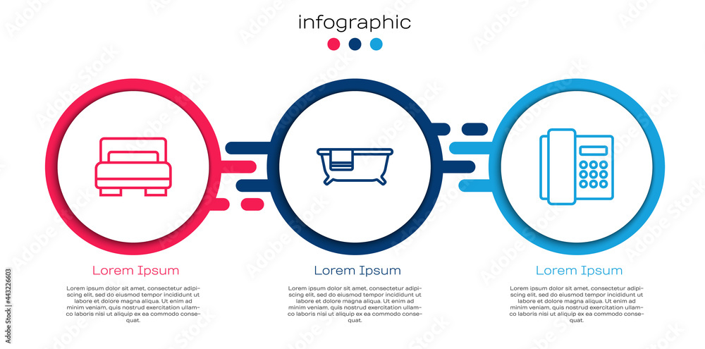 Set line Hotel room bed, Bathtub and Telephone handset. Business infographic template. Vector