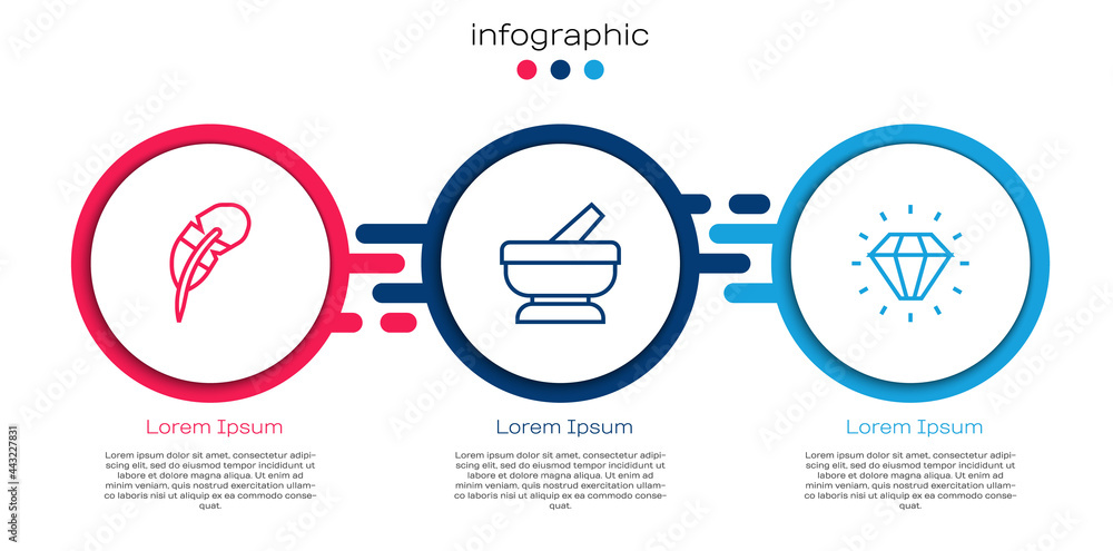 设置线条羽毛笔、研钵、杵和钻石。商业信息图表模板。矢量