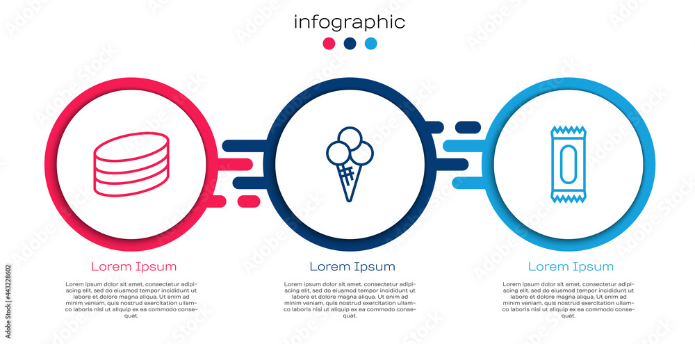 Set line Brownie chocolate cake, Ice cream in waffle cone and Candy. Business infographic template. 