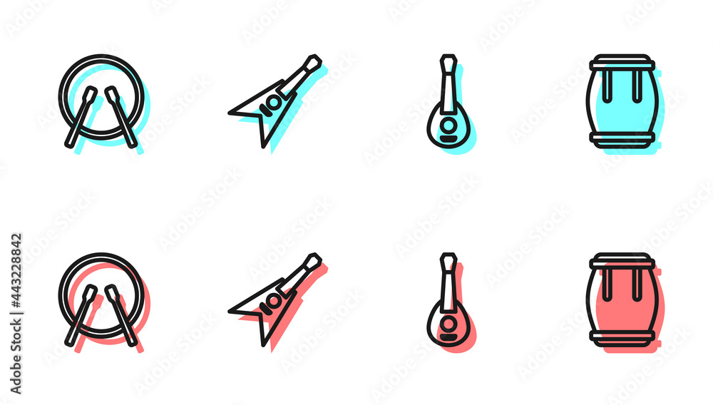 Set line Guitar，Drum and Drum sticks，Electric bass吉它和icon.Vector