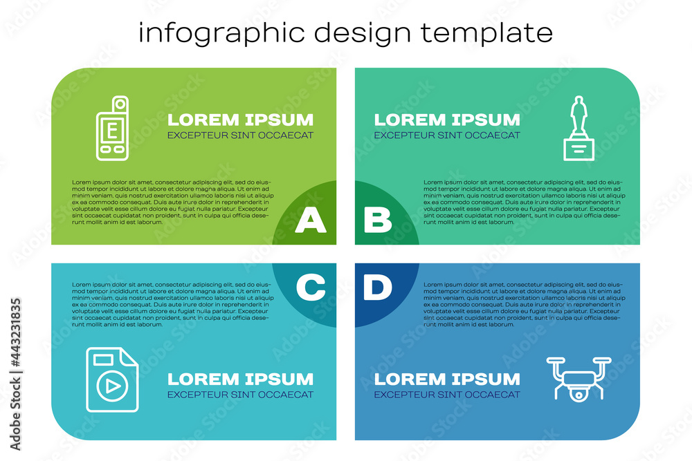 设置行AVI文件文档、测光表、无人机飞行和电影奖杯。商业信息图模板