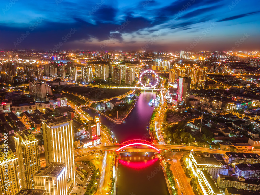 天津航拍。城市建筑景观夜景