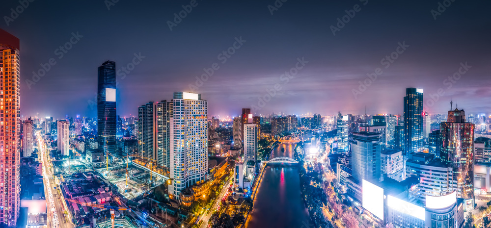 航拍宁波城市建筑景观夜景