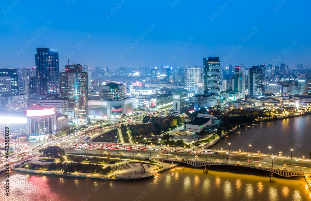 航拍宁波城市建筑景观夜景