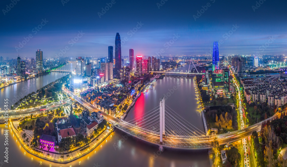 Aerial photography of Ningbo city architecture landscape night view