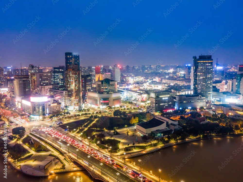 航拍宁波城市建筑景观夜景