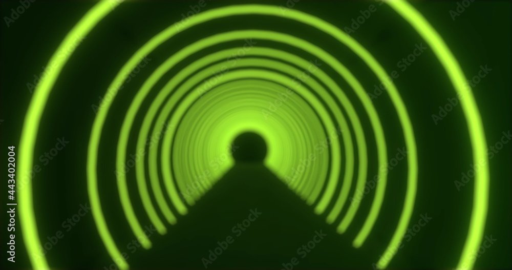 Moving through a tunnel of defocussed concetric green neon arcs pulsating on a black background