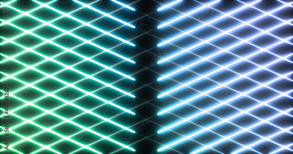 Image of glowing neon blue and green mesh moving on seamless loop on black background