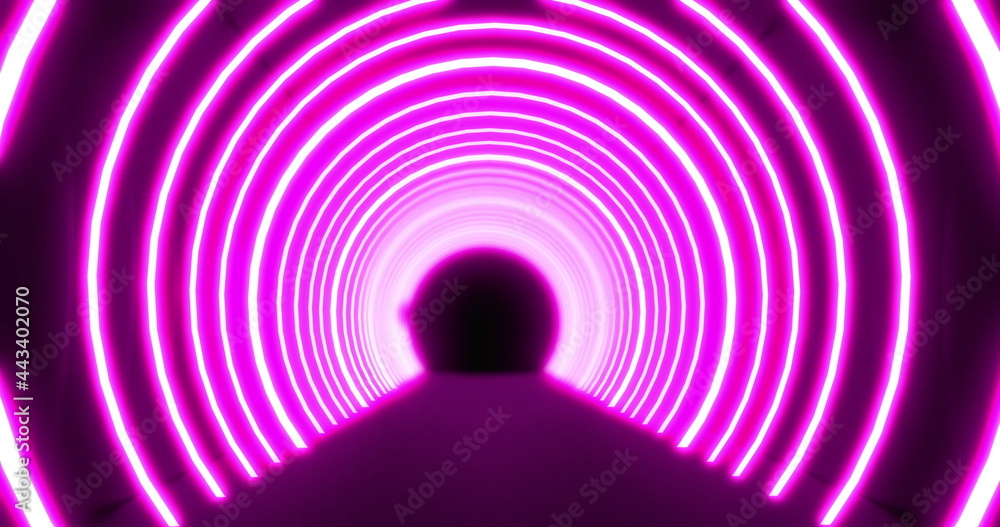 Moving through a tunnel of concetric bright pink neon arcs pulsating on a black background