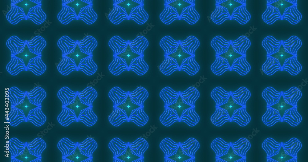 Image of multiple glowing neon blue kaleidoscope shapes moving on seamless loop