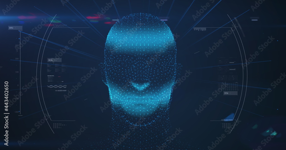 Human head model spinning against data processing on blue background