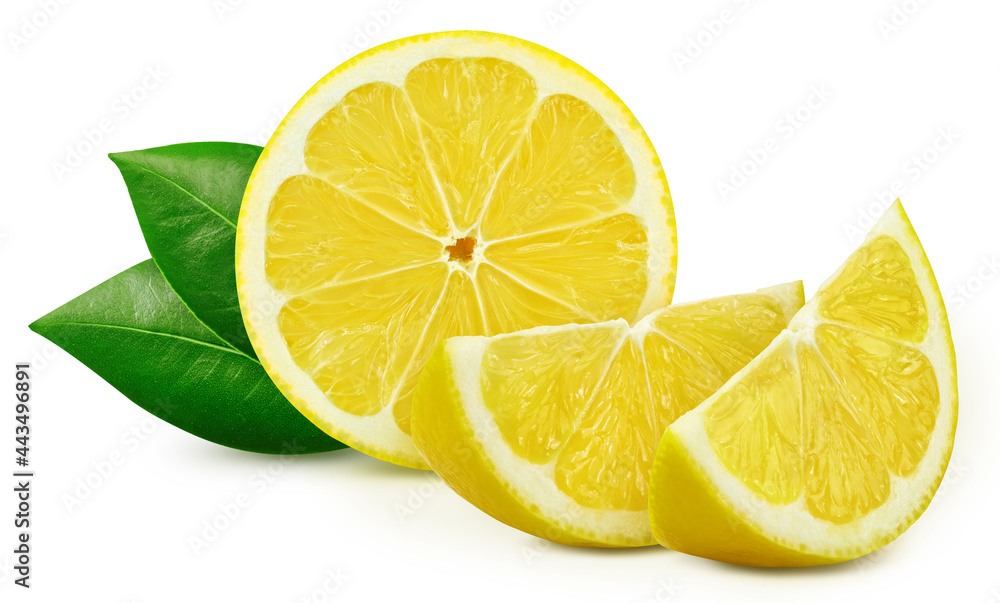 Lemons and leaves, isolated on white background. Full depth of field. Lemon With clipping path