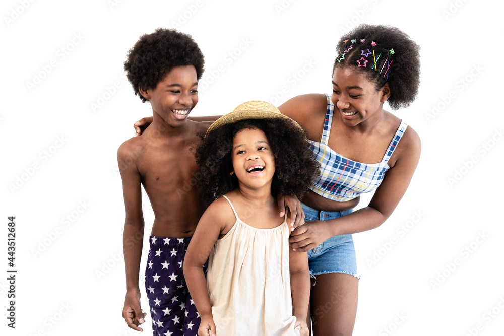 A portrait of an African American family embracing each other happily. A group of cheerful and cute 