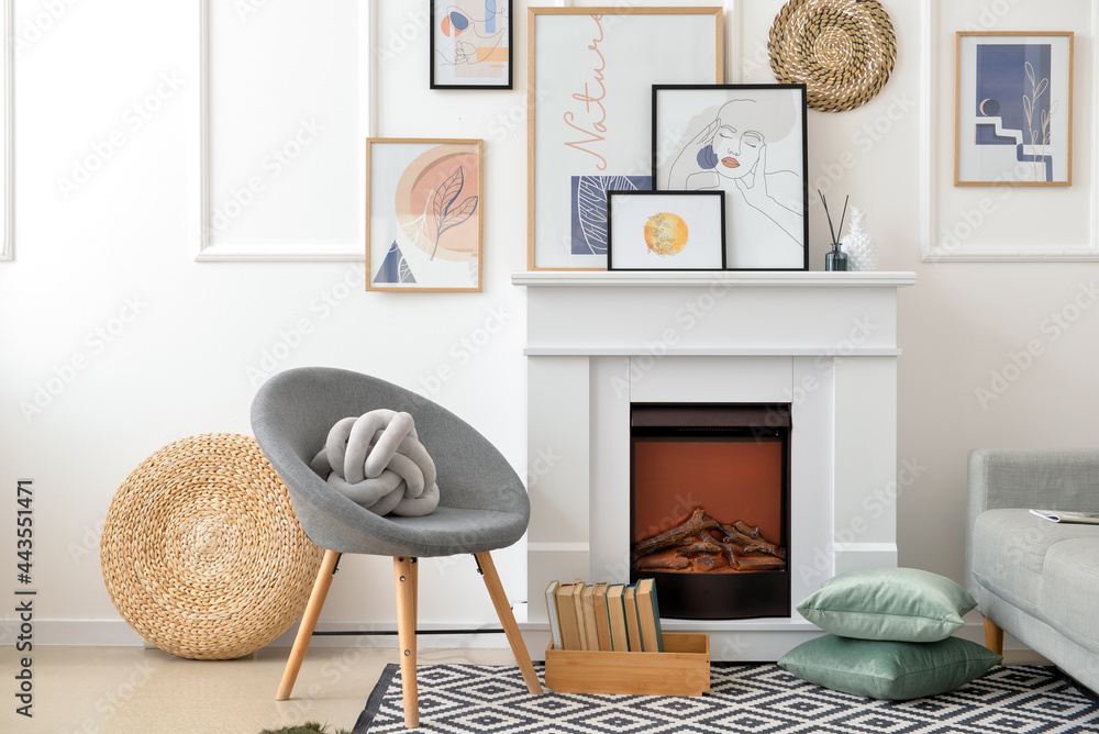 Interior of stylish living room with fireplace